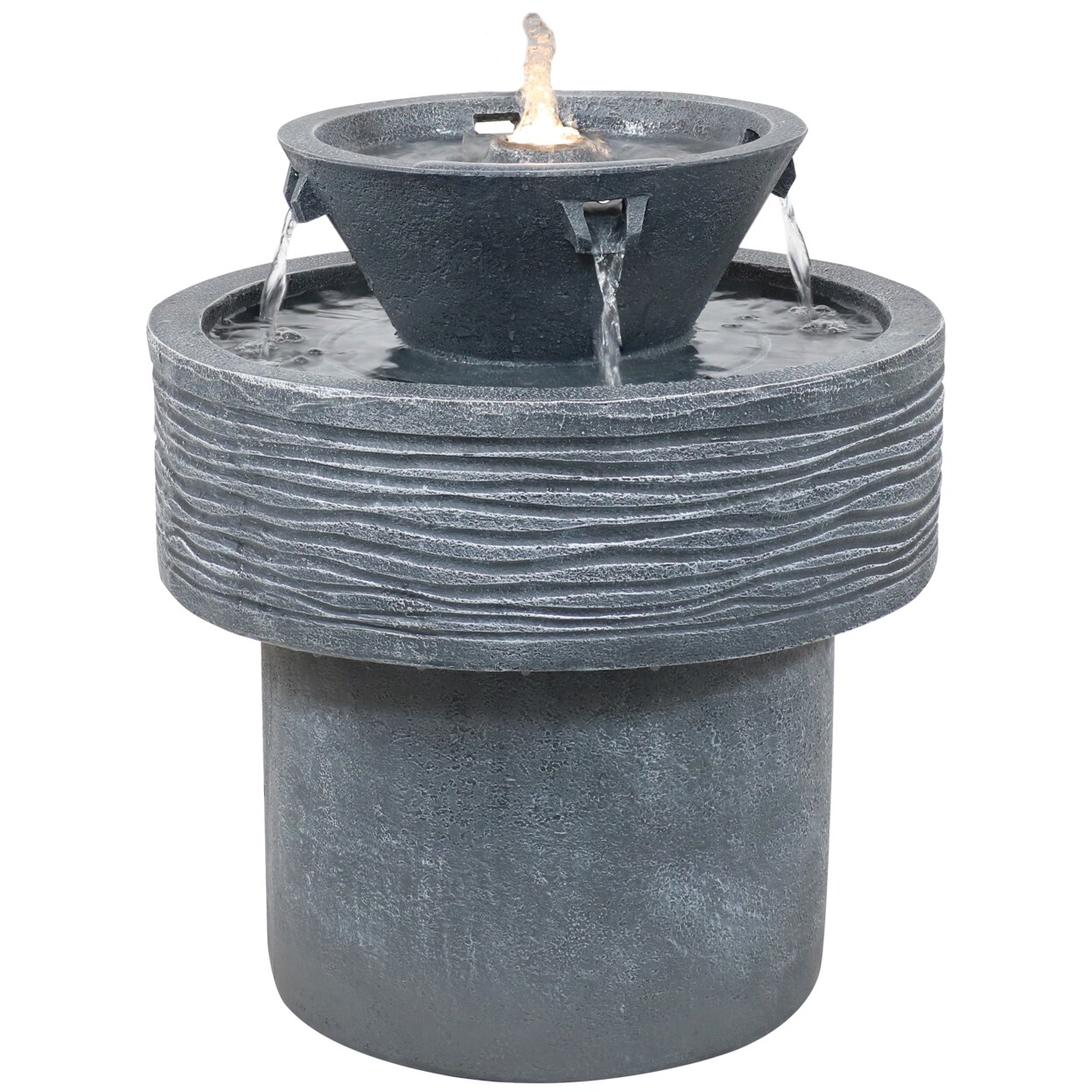 Sunnydaze Tranquil Streams Resin Outdoor 2-Tier Water Fountain With Lights