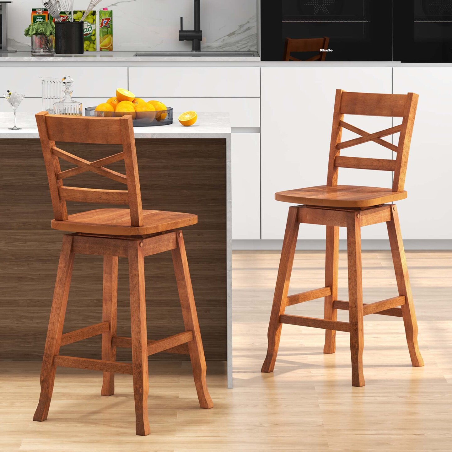Costway 2 PCS 24"/30" Counter/Bar Height Stool Rubber Wood Swivel Bar Stool with Inclined Backrest Walnut