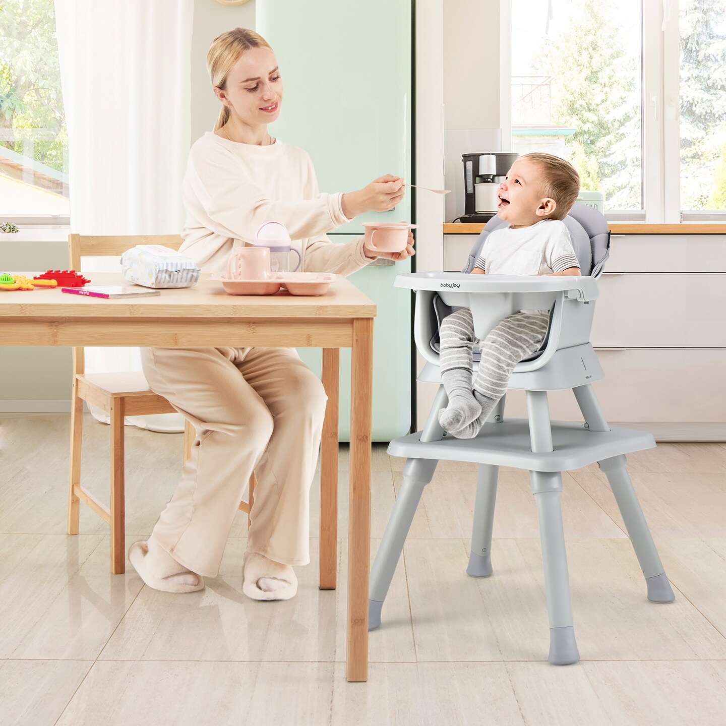 Babyjoy 8-in-1 Baby High Chair Convertible Dining Booster Seat with  Removable Tray Grey/Pink/Yellowith Strip/Black