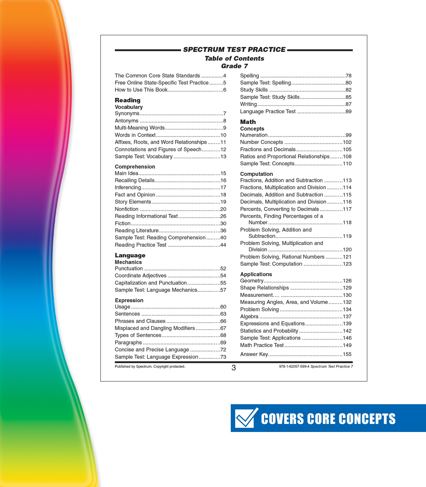 Spectrum 7th Grade Test Practice Workbooks All Subjects, Ages 12 to 13, Grade 7 Test Practice, Language Arts, Reading Comprehension, Vocabulary, Writing and Math Reproducible Book - 160 Pages