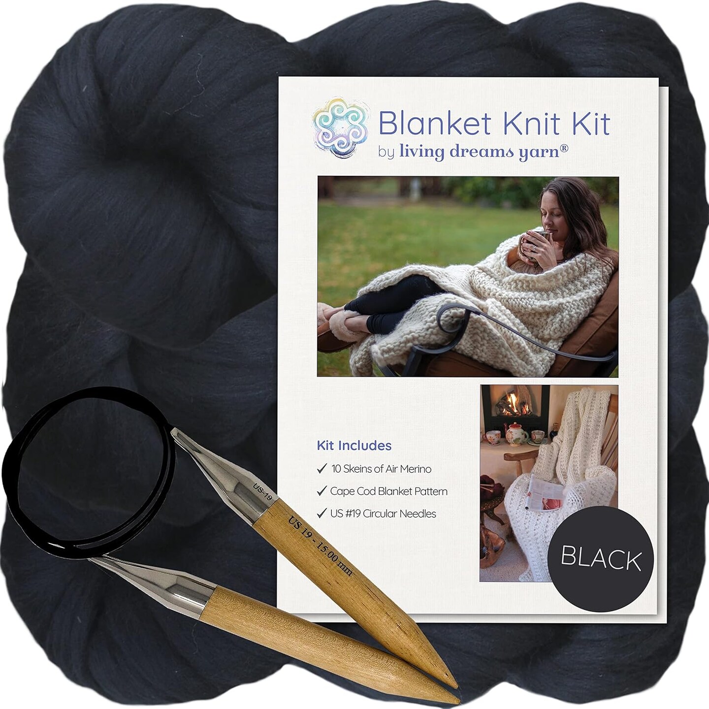 DIY Merino Wool Blanket Knitting Kit: Soft and Thick #7 Weight Jumbo Yarn, Knitting Needles and Pattern. Soft, Cozy, Great for Gifts