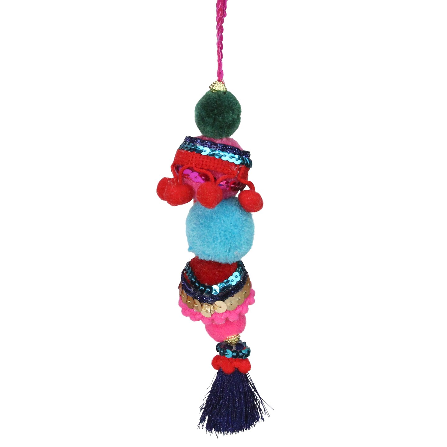 Northlight 6.25&#x22; Blue and Red Bohemian Christmas Pom Pom Ornament