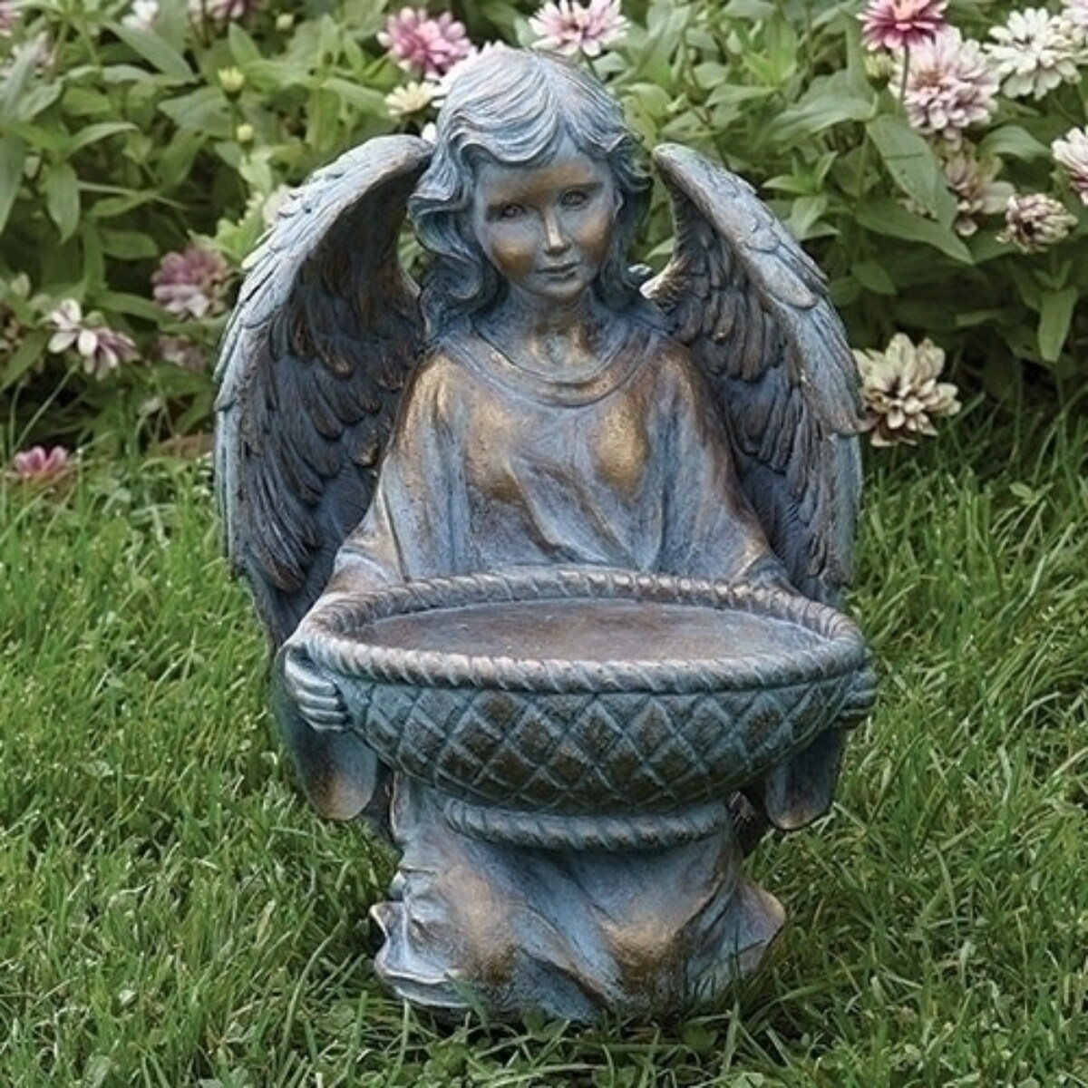 Roman 13.75&#x22; Bronze Angel with Basket Outdoor Garden Statue