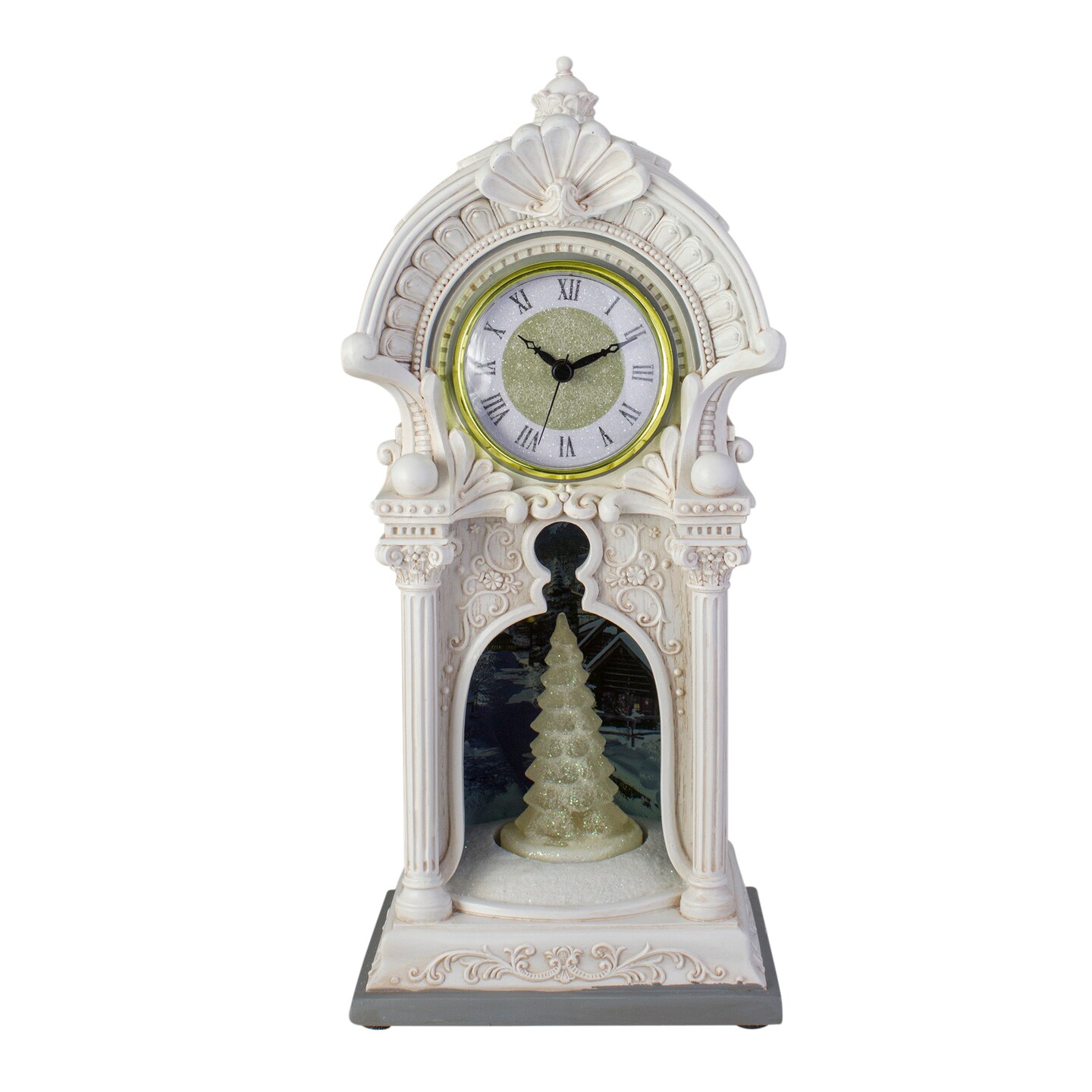 Roman 14&#x22; White Christmas Ceramic Musical LED Clock with Rotating Tree