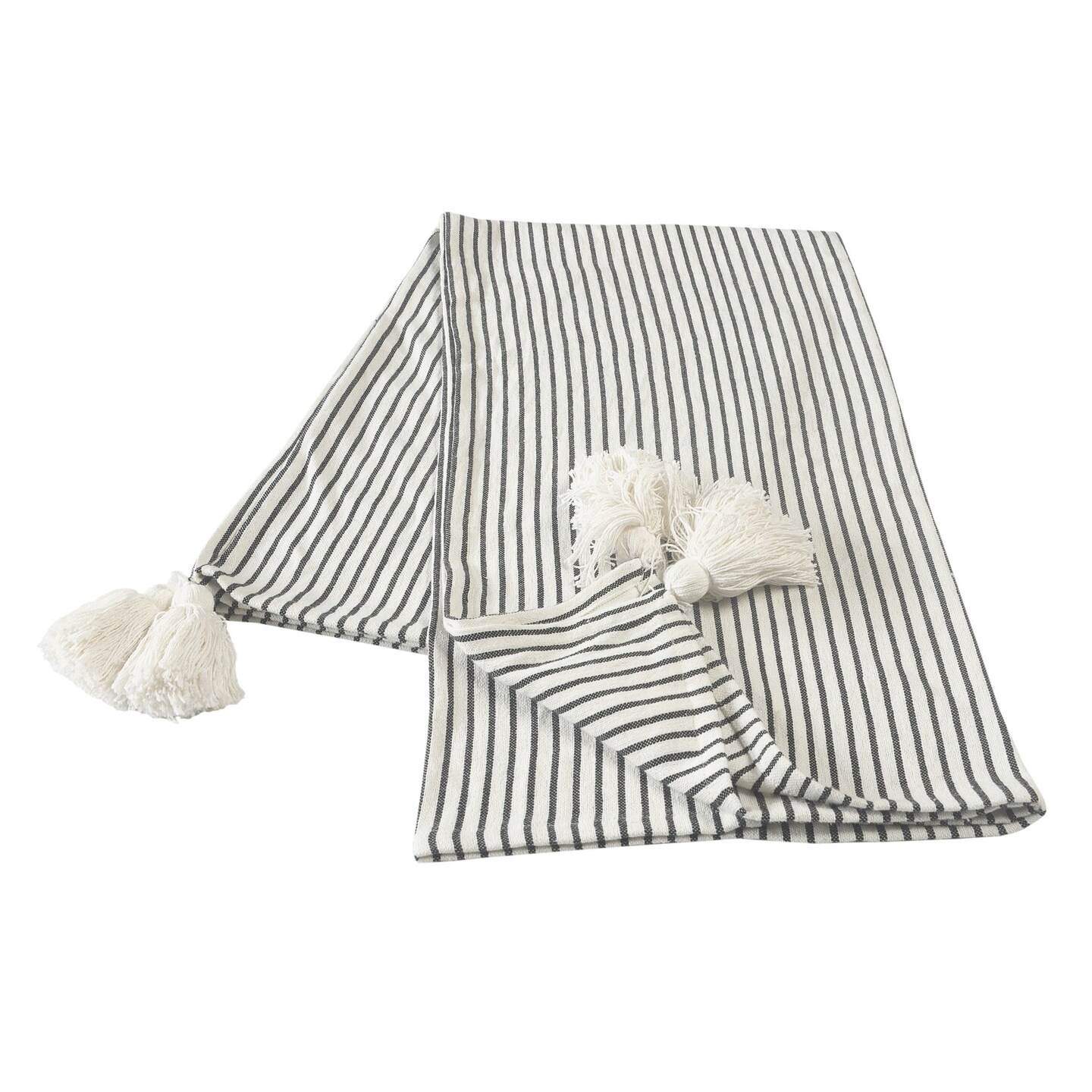 Laddha Home Designs Black and Ivory Classic Striped Throw Blanket with Tassels 50&#x22; x 60&#x22;