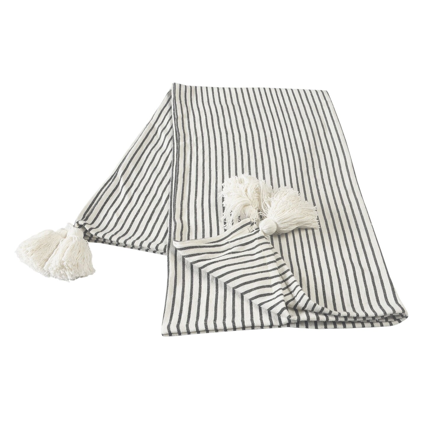 Laddha Home Designs Black and Ivory Classic Striped Throw Blanket with Tassels 50" x 60"