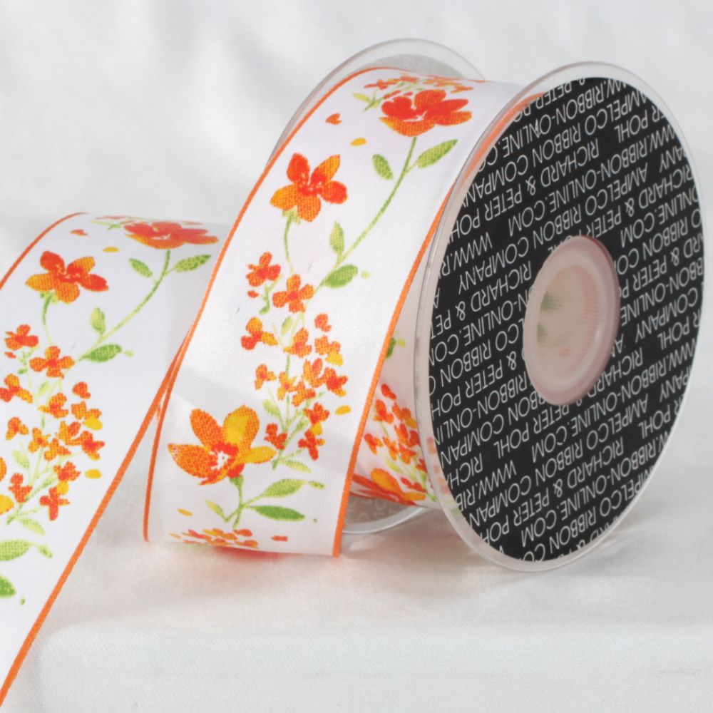 The Ribbon People Orange and White Floral Ribbon 1.5&#x22; x 27 Yards