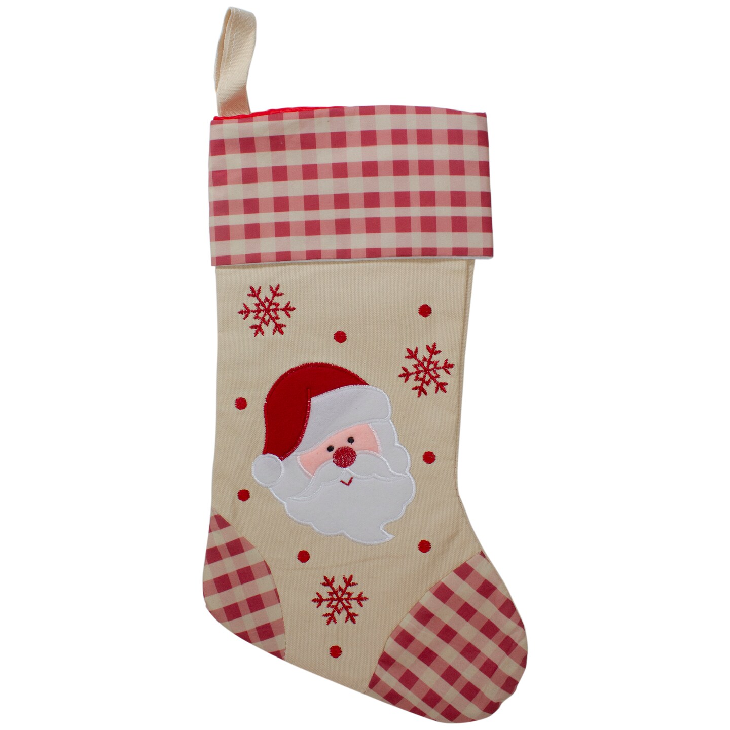 Northlight 16.5&#x22; Red and Ivory Embroidered Santa Claus Christmas Stocking with Gingham Cuff