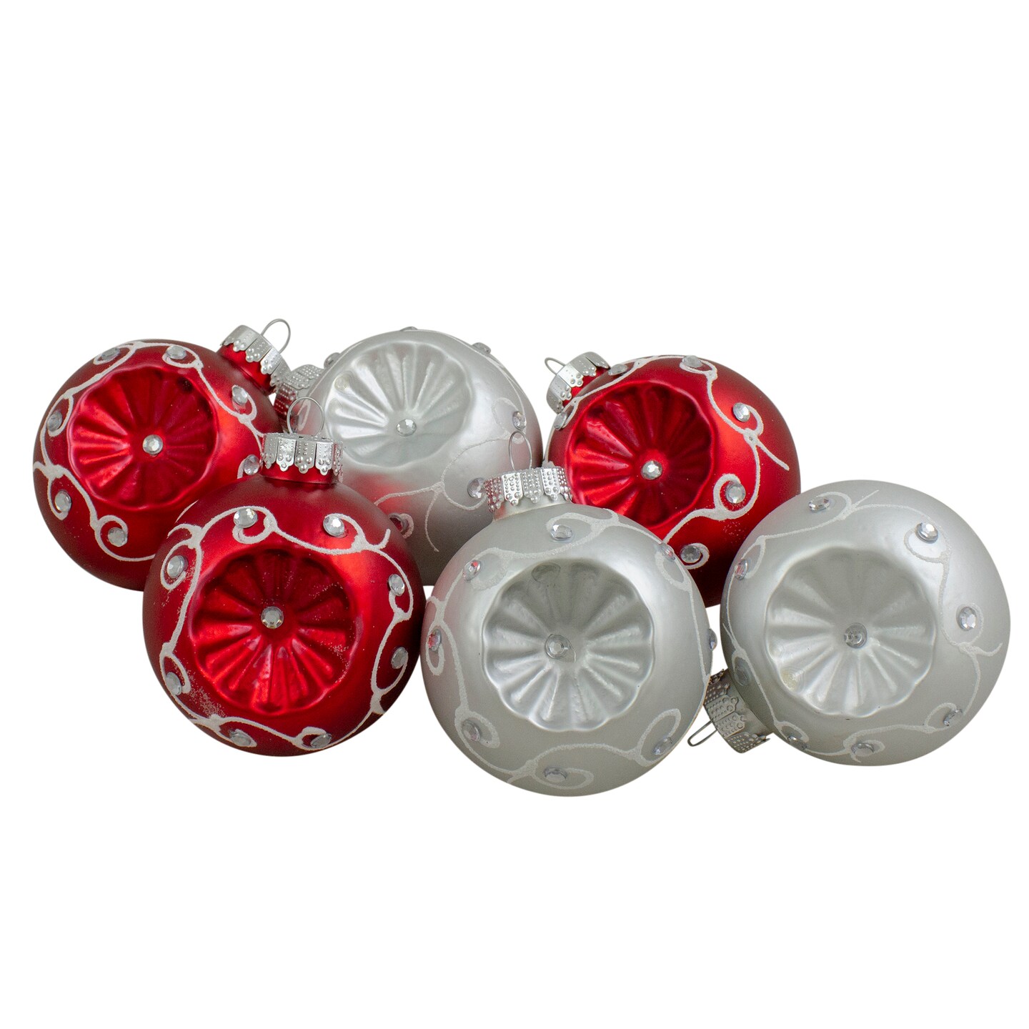 Northlight Jewel Retro Reflector Glass Christmas Ball Ornaments - 3.25" (82mm) - Red and Silver - 6ct