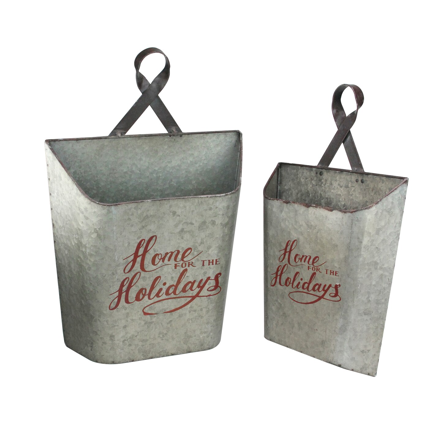 Melrose Set of 2 Gray and Red Home for the Holidays Weathered Christmas Wall Buckets 18&#x22;