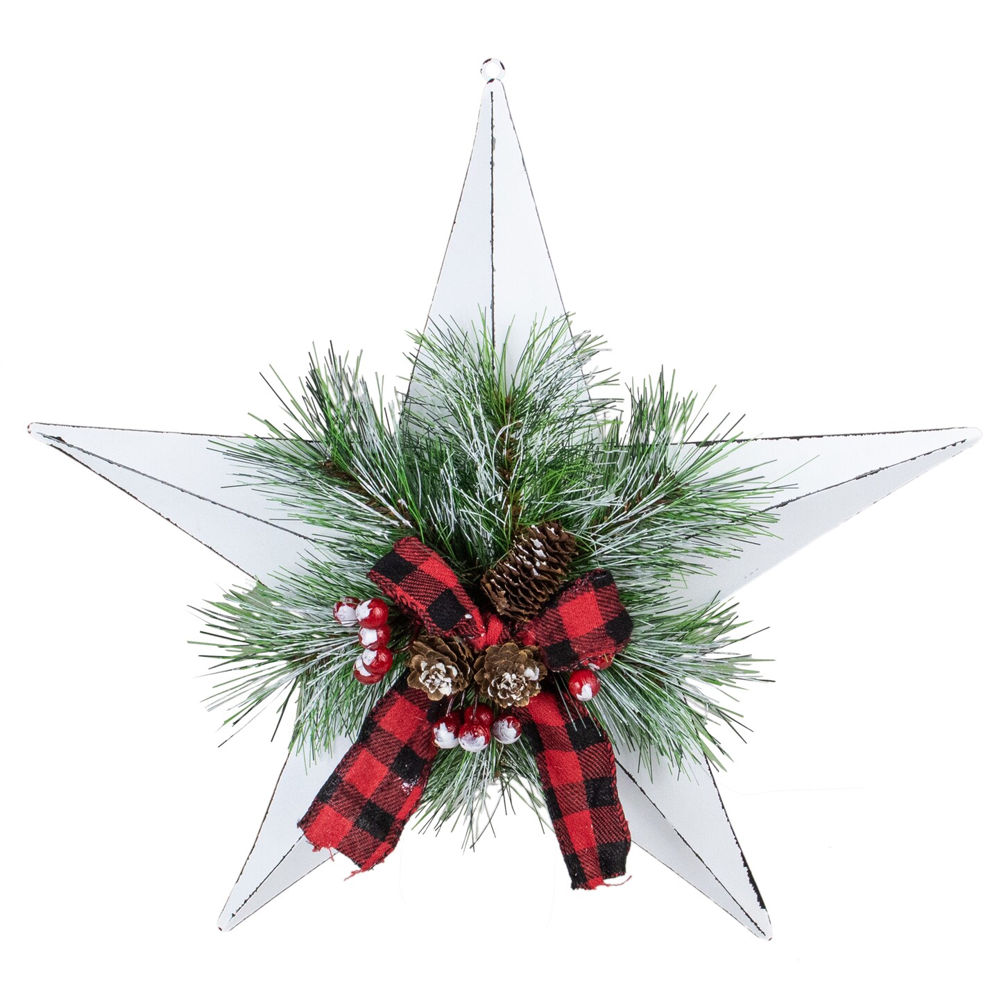 Northlight 17&#x22; White 5 point Christmas Star With Plaid Ribbon with Artificial Pine