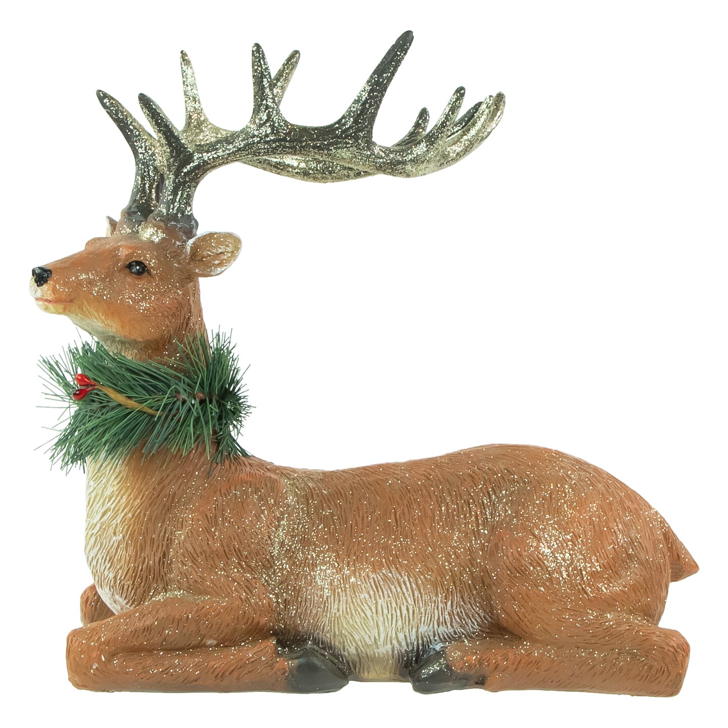 Northlight Glittered Sitting Deer with Pine Neck Wreath Christmas Decoration - 10"