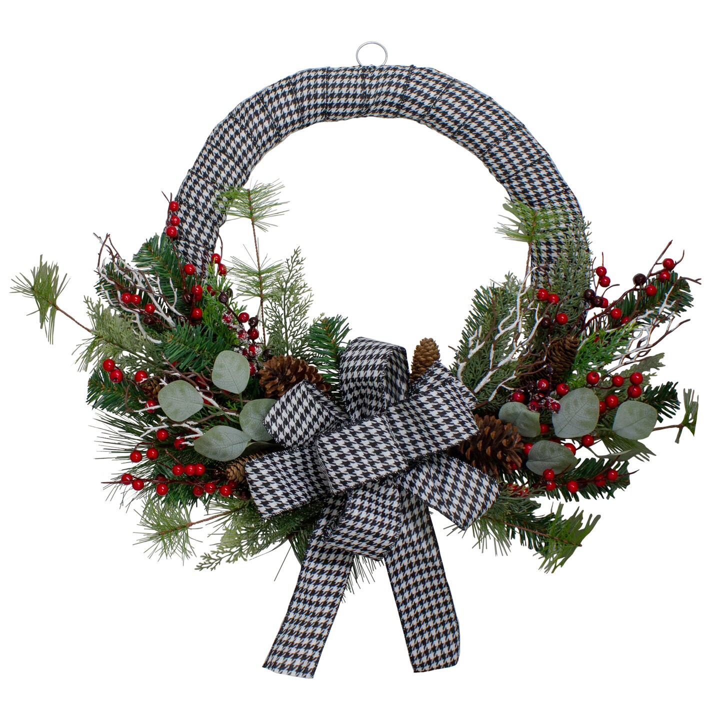 Northlight Black and White Houndstooth and Berry Artificial Christmas Wreath  - 24-Inch, Unlit