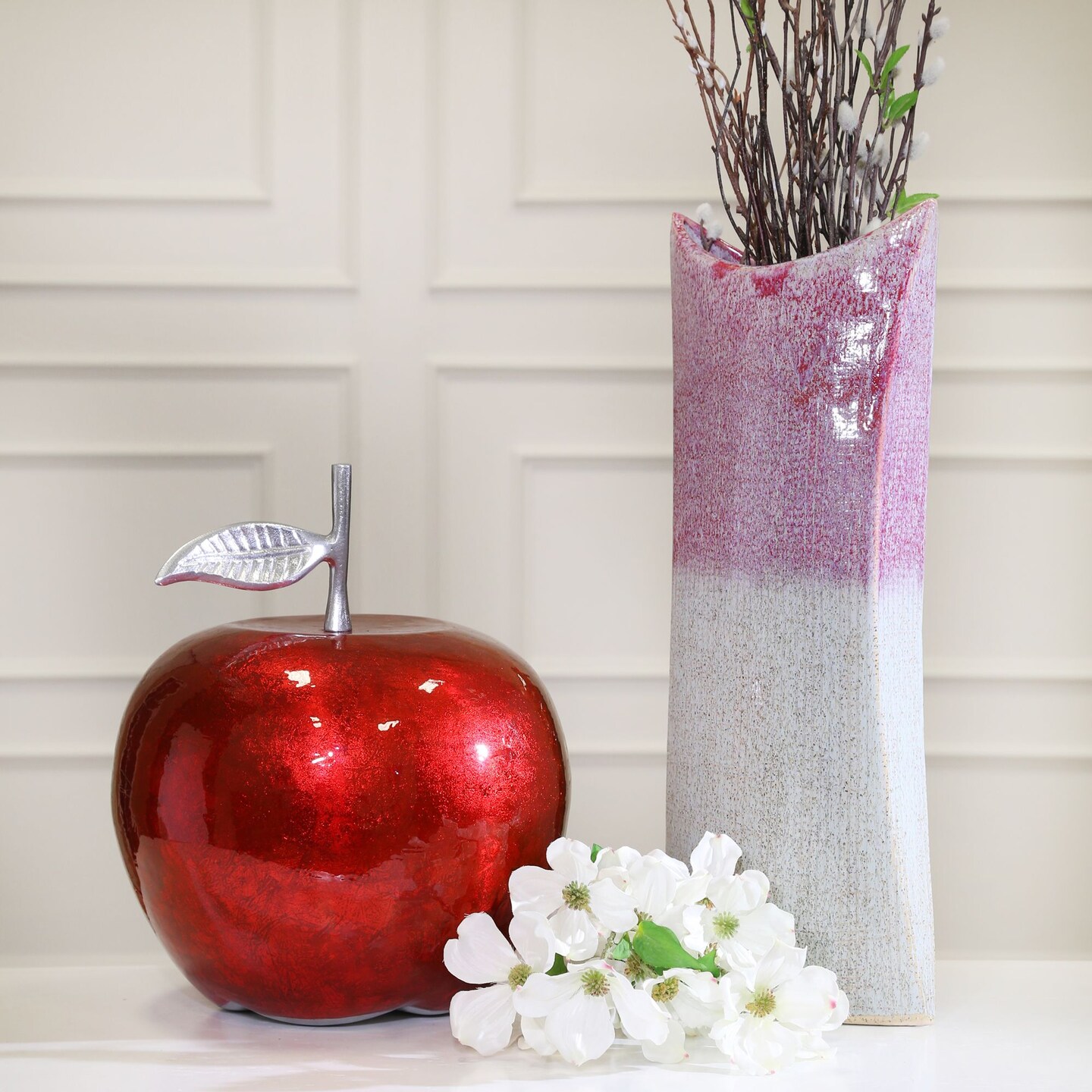 Kingston Living 13&#x22; Red and Silver Apple Sculpture