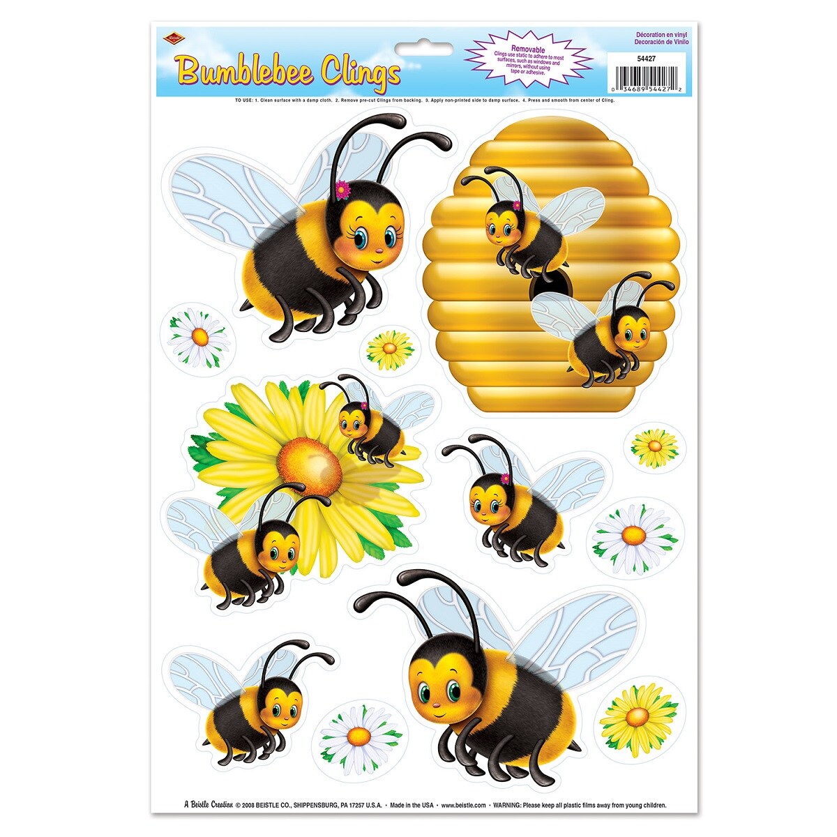 Beistle Club Pack of 144 Black and Yellow Springtime Bumblebee Window Cling Decorations 17"