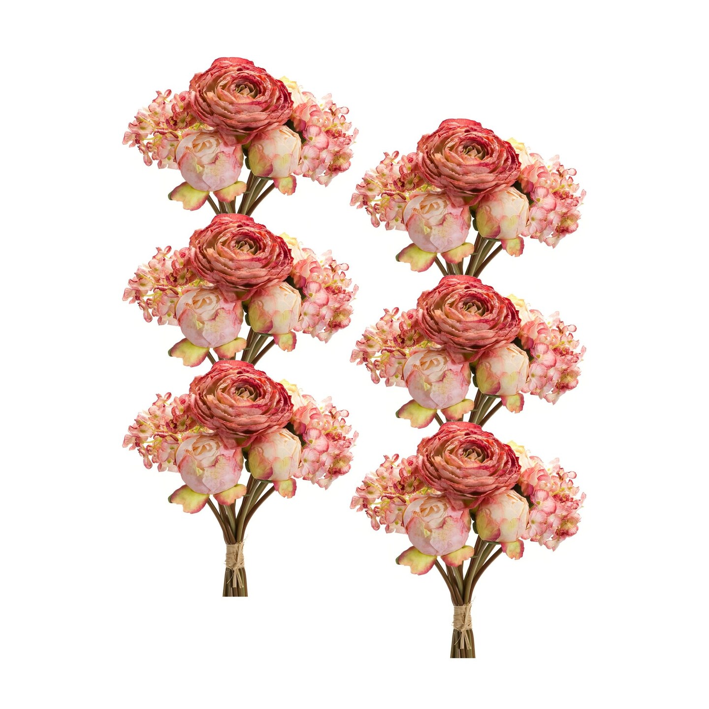 Melrose Set of 6 Pink Peony and Hydrangea Artificial Floral Bouquet 16.75&#x22;
