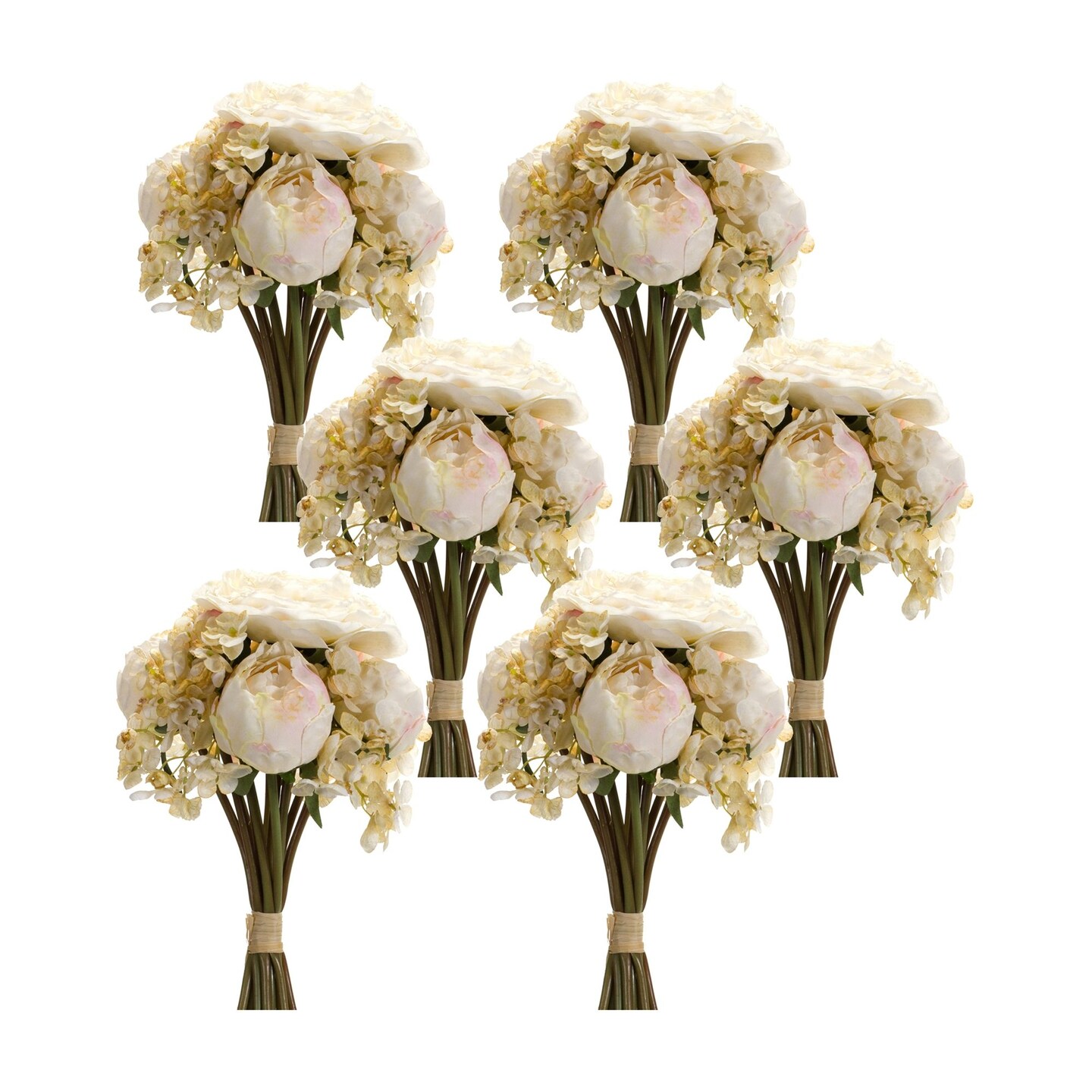 Melrose Set of 6 White Peony and Hydrangea Artificial Floral Bouquet 17.25&#x22;
