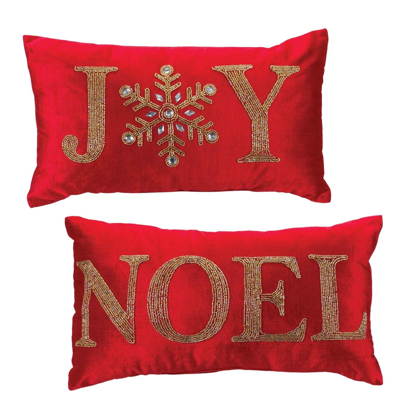 Set of 2 Red Beaded Joy and Noel Christmas Throw Pillows 19