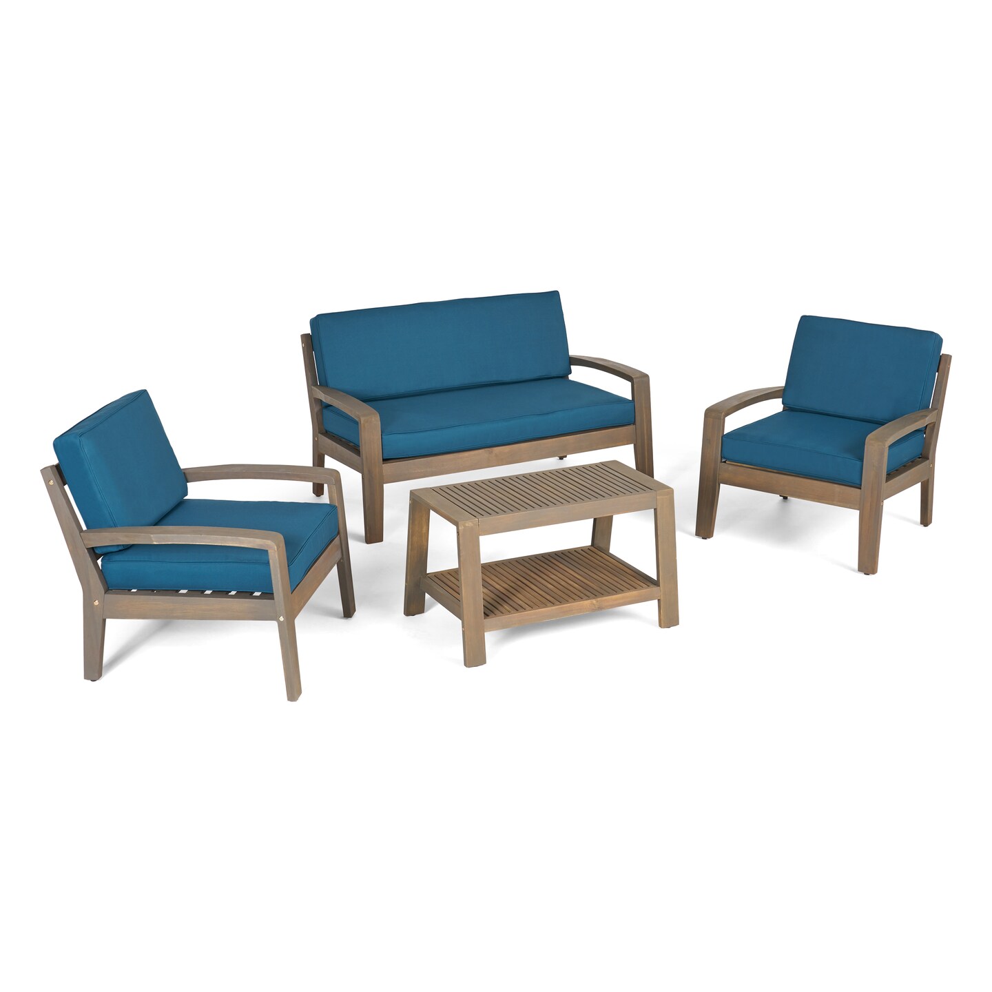 Contemporary Home Living 4pc Teal Blue and Gray Traditional Outdoor Patio Conversation Set with Cushions 52&#x22;