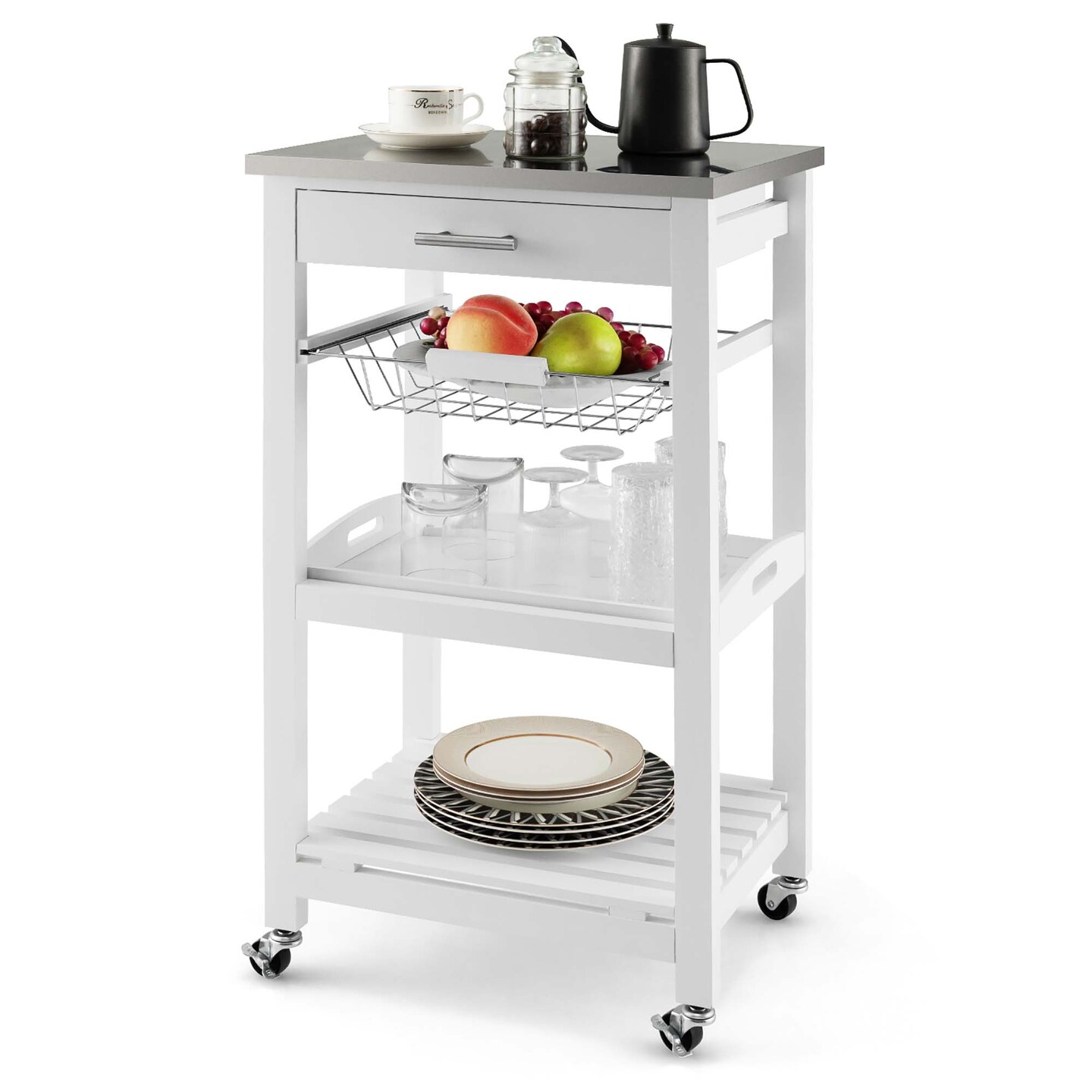 Costway Compact Kitchen Island Cart Rolling Service Trolley with Stainless Steel Top Basket Black/Grey/White