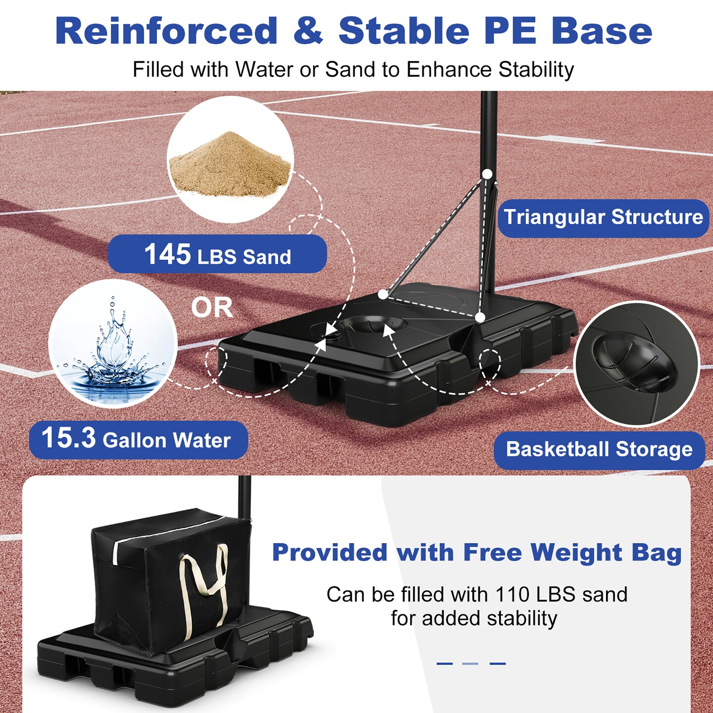 Costway 44&#x27;&#x27; Portable Adjustable Basketball Goal Hoop Stand System withSecure Bag Outdoor