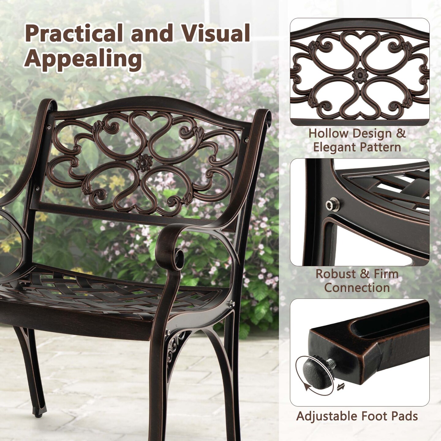 Costway 2/4 PCS Cast Aluminum Patio Chairs Set of 2 Outdoor Dining with Armrests &#x26; Curved Seats Bronze
