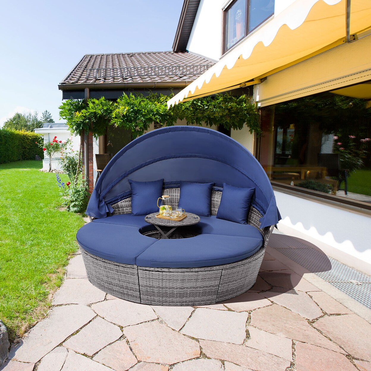 Outdoor Round Daybed W/ Retractable Canopy And Side Table Backyard Poolside Lawn