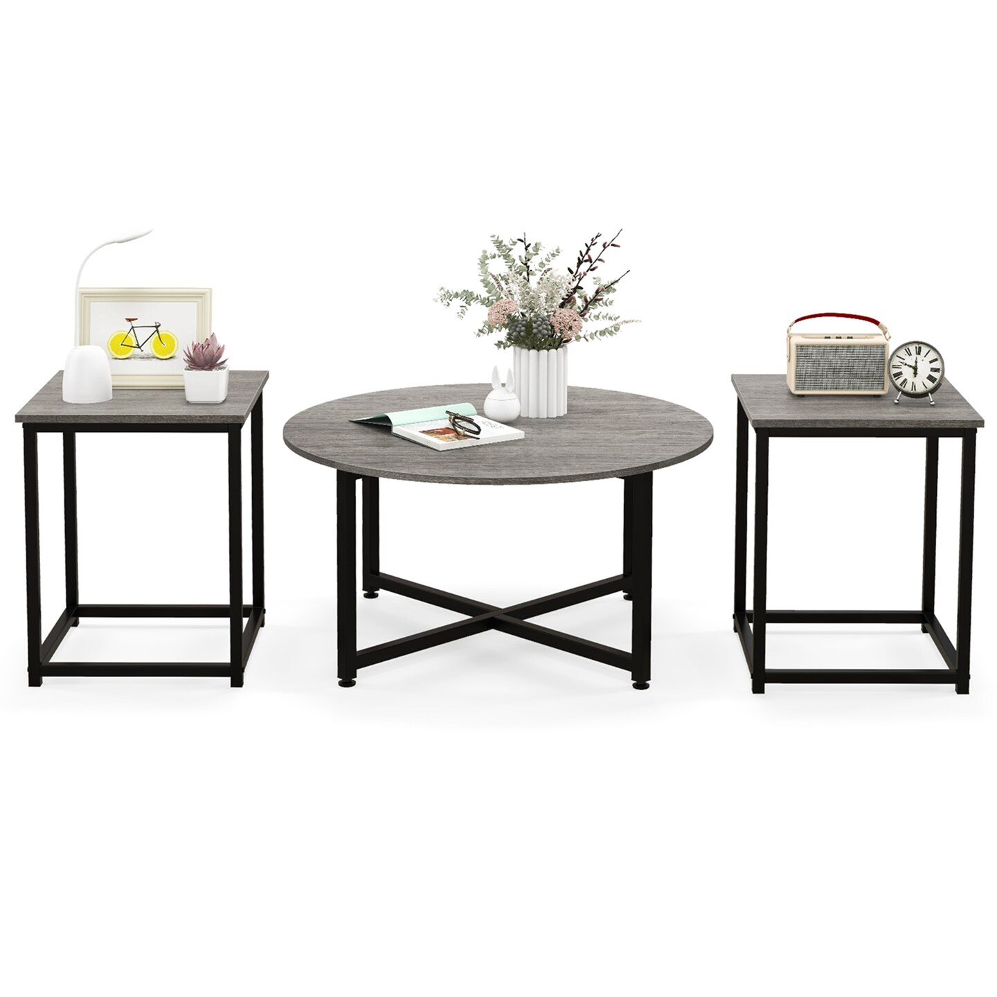 Costway 3 PCS Coffee Table Set Round Coffee Table and 2PCS Square End Tables Metal Frame White/Gray/Walnut