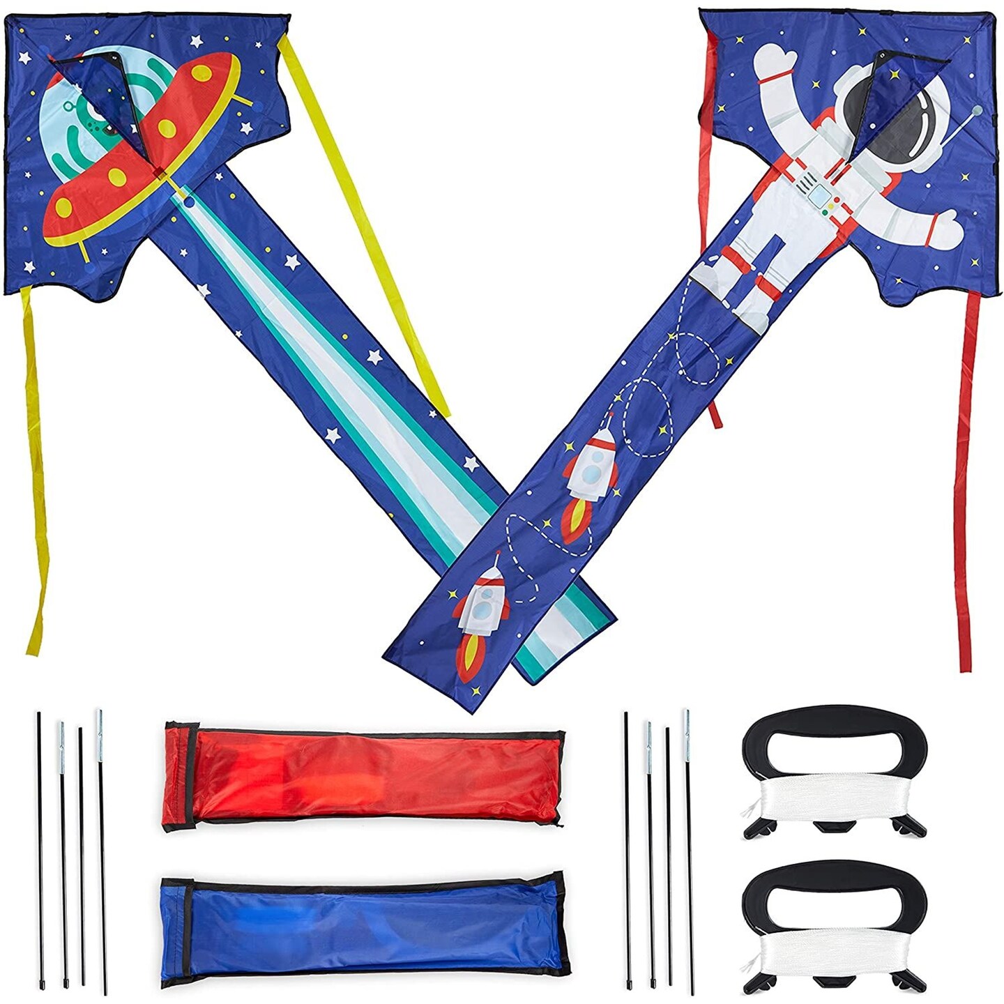 2 Pack Small Outer Space Kites for Young Kids and Adults to Fly Outside, Astronaut UFO Design (33.5 x 86.6 in)