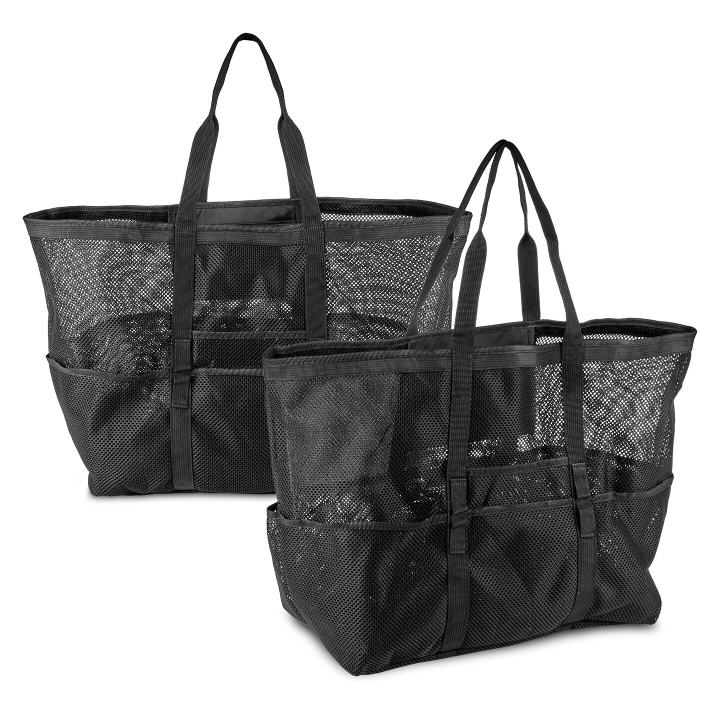 2 Pack Black Mesh Tote Bag, Black Totes with 9 Pockets for Beach Bag, Diaper Bag