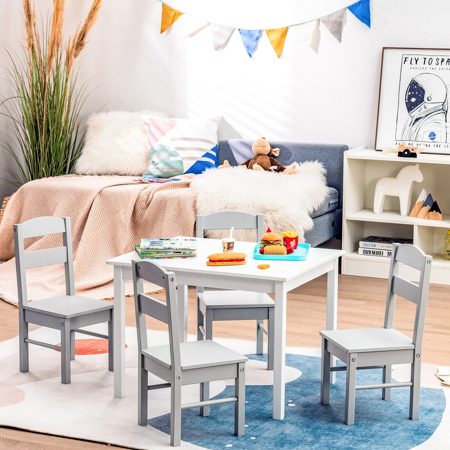 Kids 5 Pieces Table and Chair Set Wooden Children Activity Playroom Furniture Gift