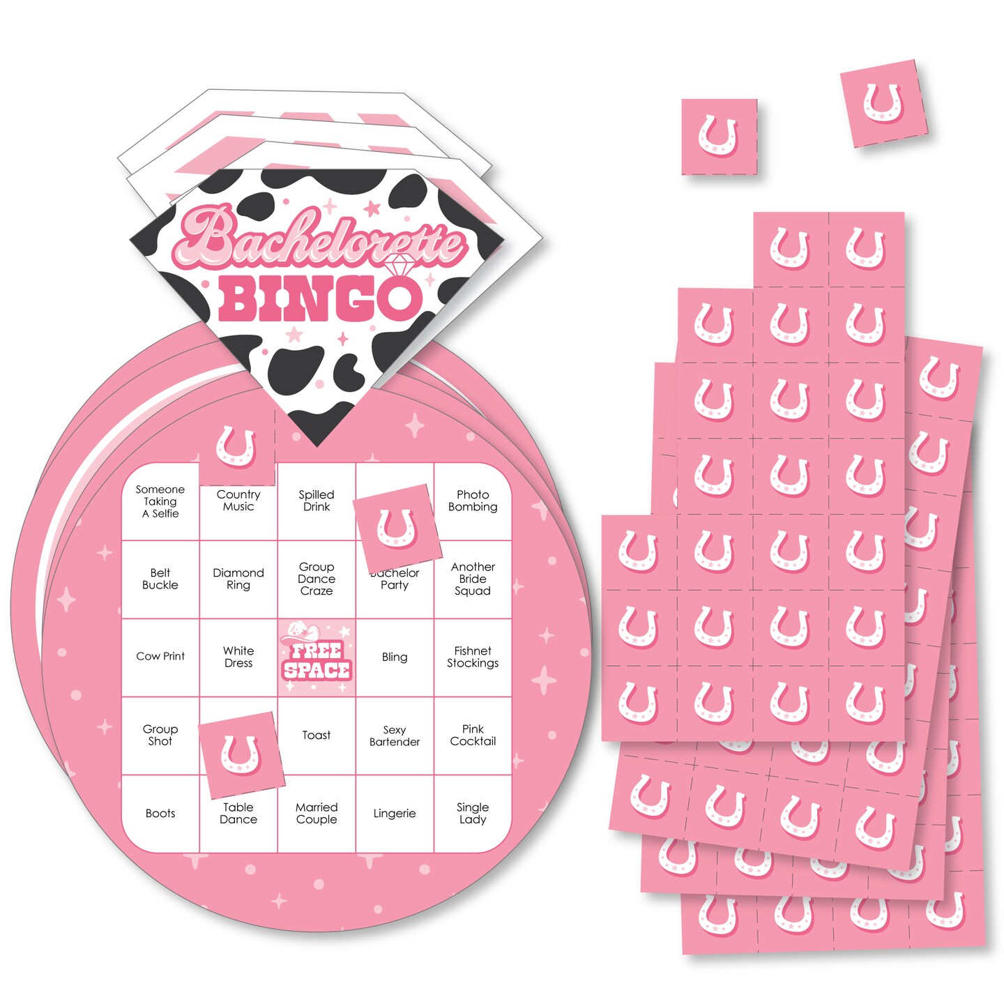Big Dot of Happiness Last Rodeo - Bar Bingo Cards and Markers - Pink Cowgirl Bachelorette Party Shaped Bingo Game - Set of 18