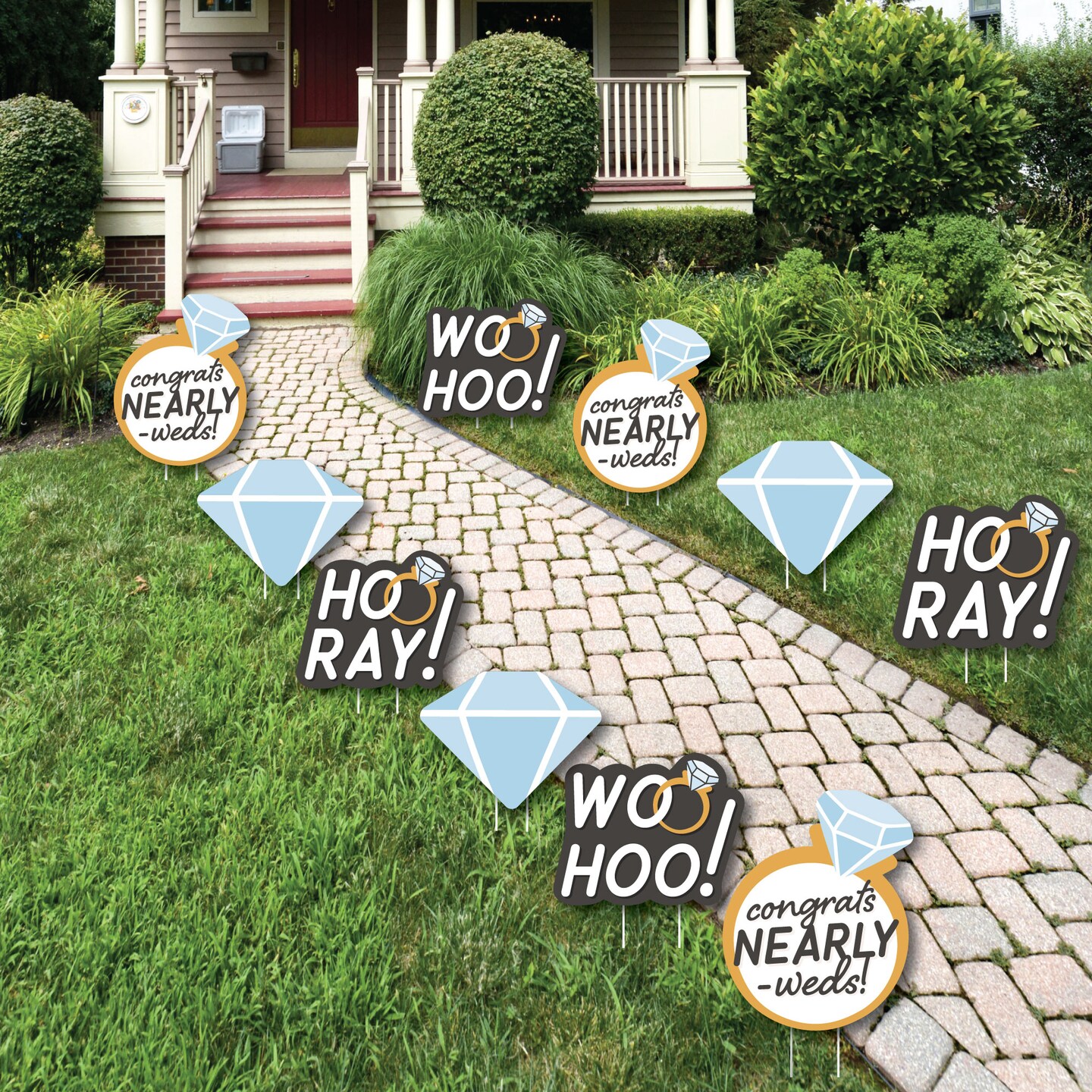 Big Dot of Happiness Just Engaged - Black and White - Diamond Ring Lawn Decorations - Outdoor Engagement Party Yard Decorations - 10 Piece