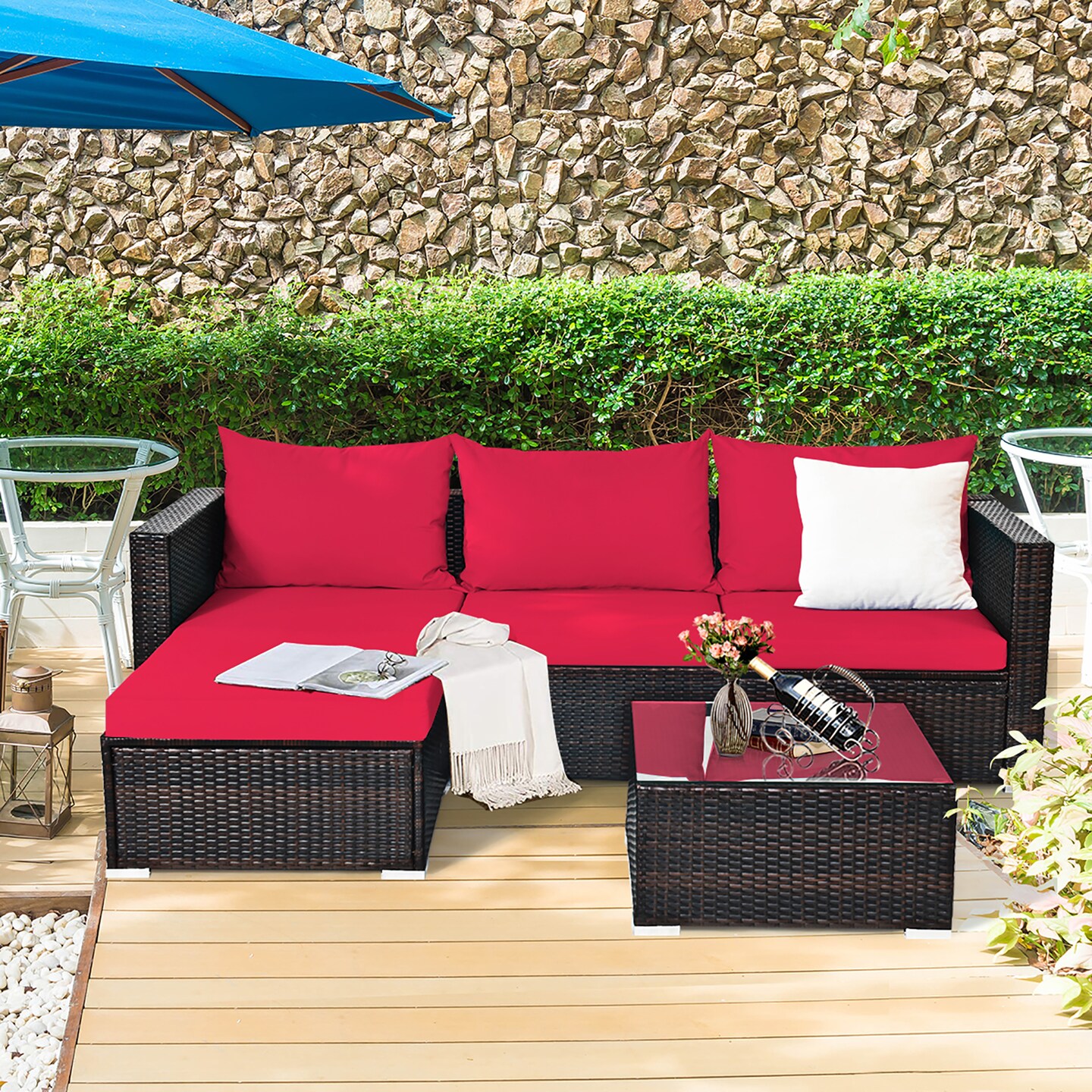 5PCS Patio Rattan Furniture Set Sectional Conversation Sofa w/ Coffee Table Red\ Navy