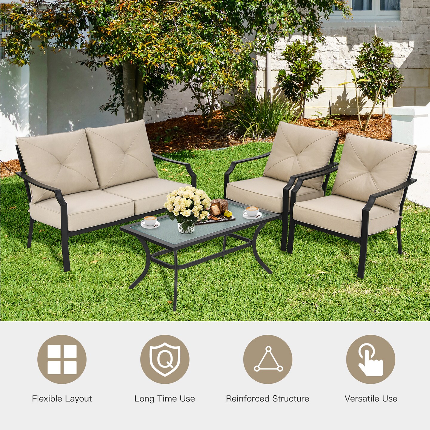 4 PCS Patio Furniture Set Cushion Sofa Loveseat  Sectional Garden Deck Poolside