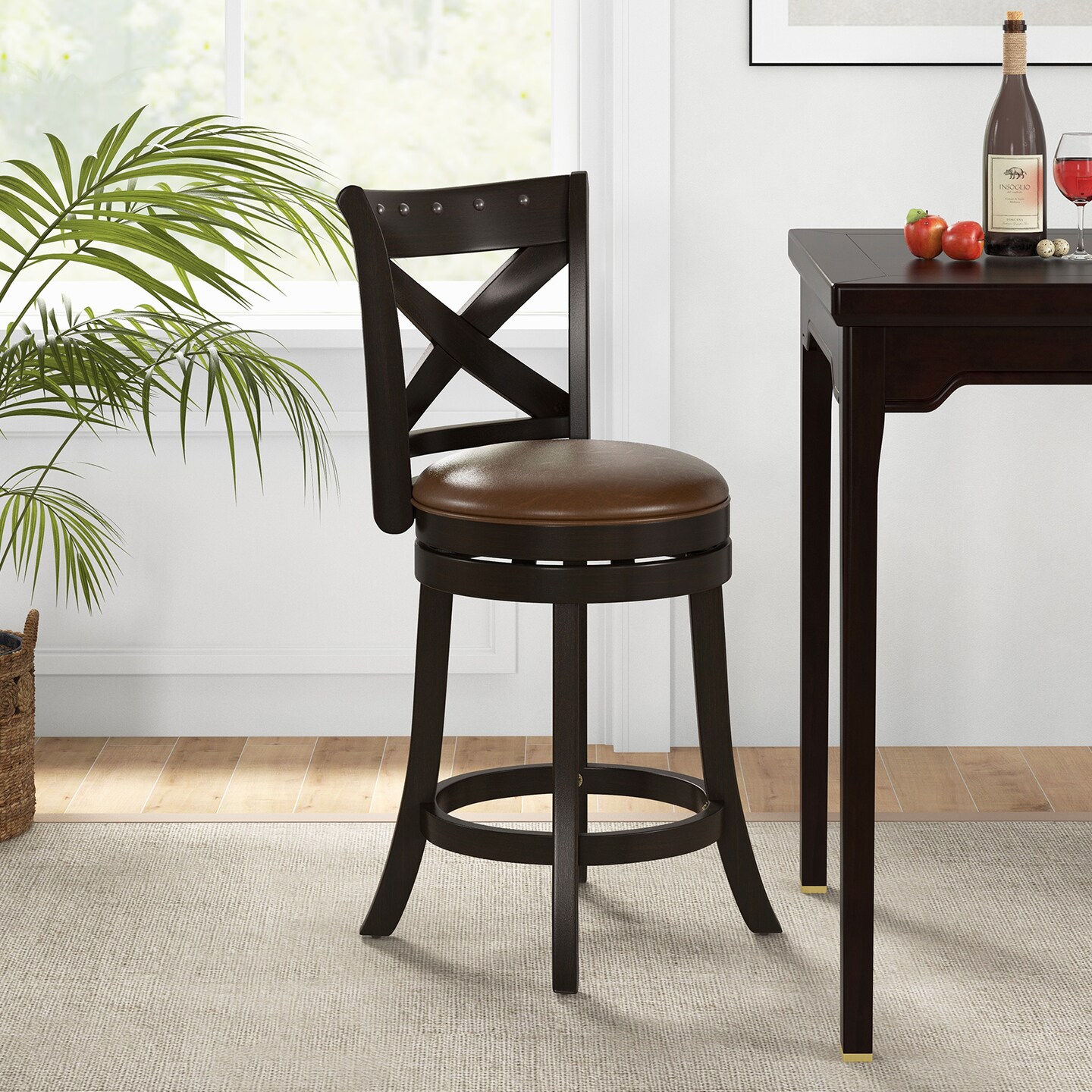 Costway 26&#x27;&#x27; Swivel Bar Stool Counter Height PU Leather Seat Rubber Wood Legs Footrest