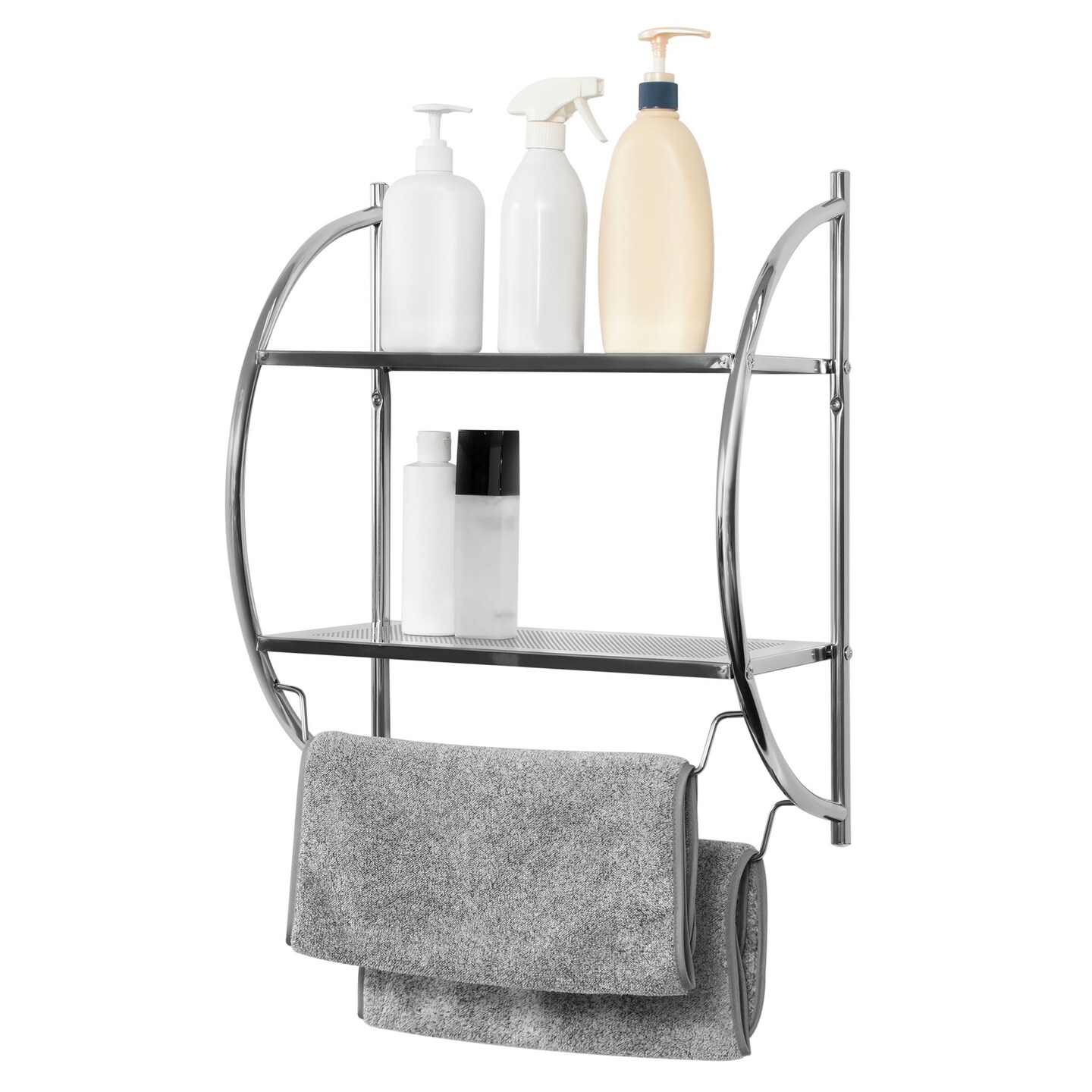 2 Tier Silver Chrome Metal Wall Mounted Bathroom Shelf Organizer with Hanging Towel Rack, 17 x 10 x 22 in.
