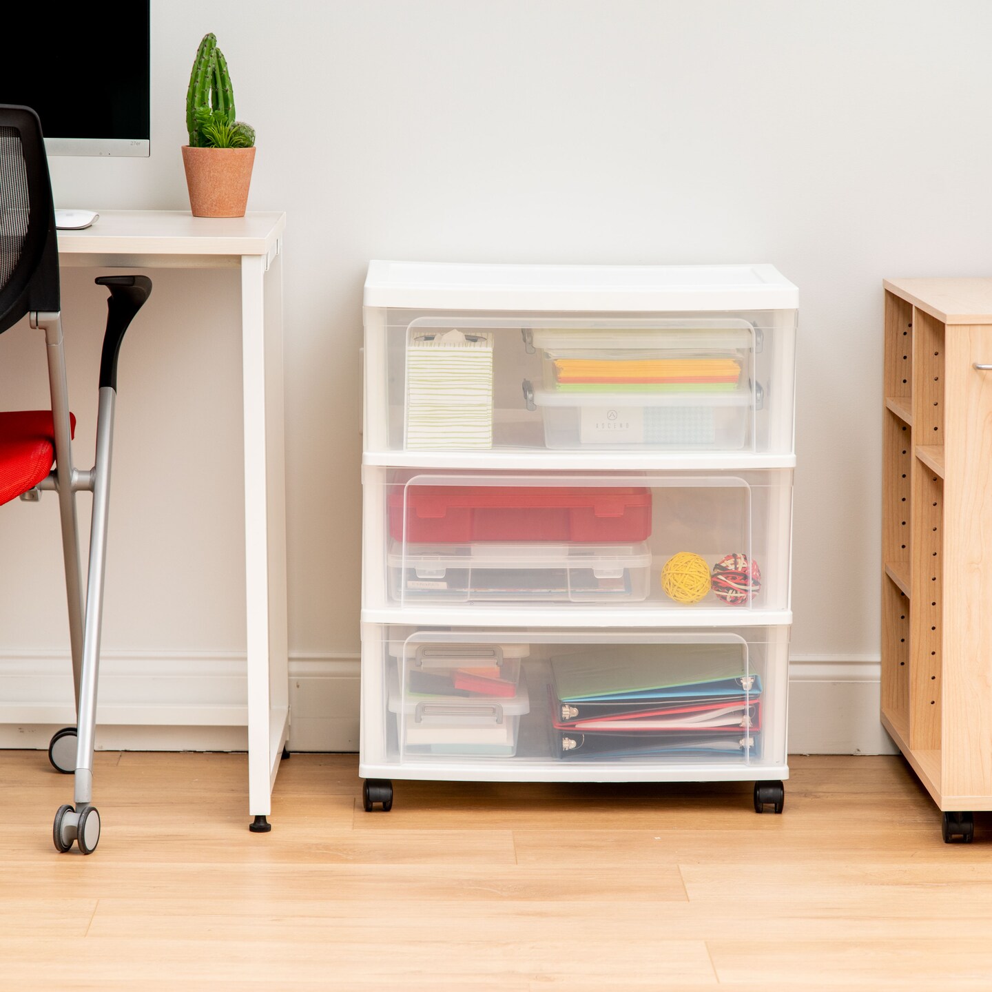 IRIS USA 3 Drawer Wide Storage Drawer Cart with Caster Wheels, Plastic Rolling Dresser for Home Closet Bedroom Bathroom Office Laundry Kitchen Craft Room Nursery and School Dorm, White/Clear