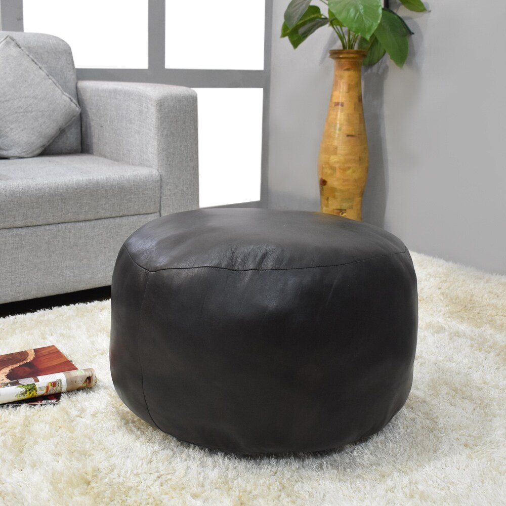 Bbh Homes Black Round Leather Pouf Ottoman Handmade Recycled Cotton Fill Bbbacpf0012