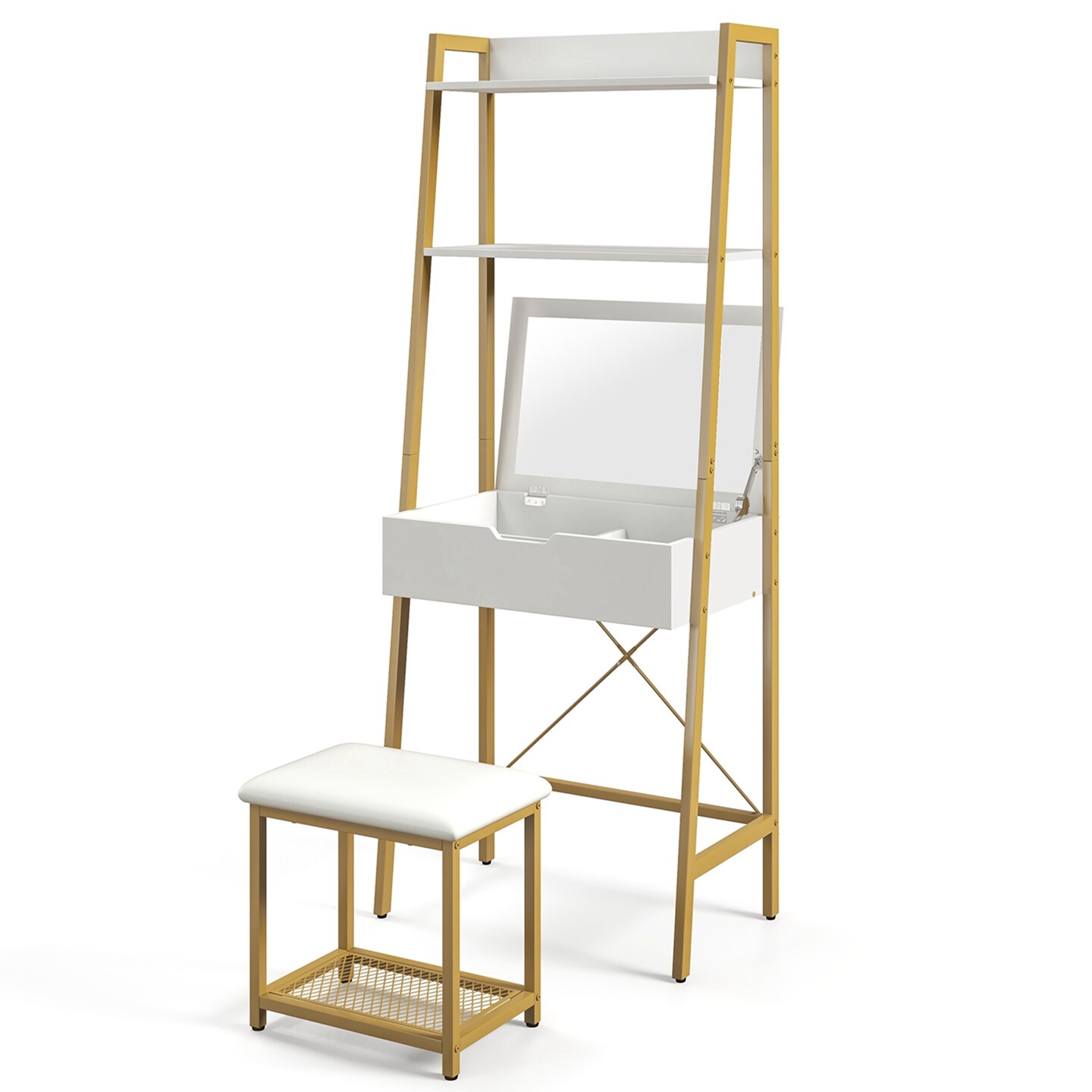 Costway Vanity Table Set Flip Top Mirror Ladder Storage Shelf Cushioned Stool Rustic