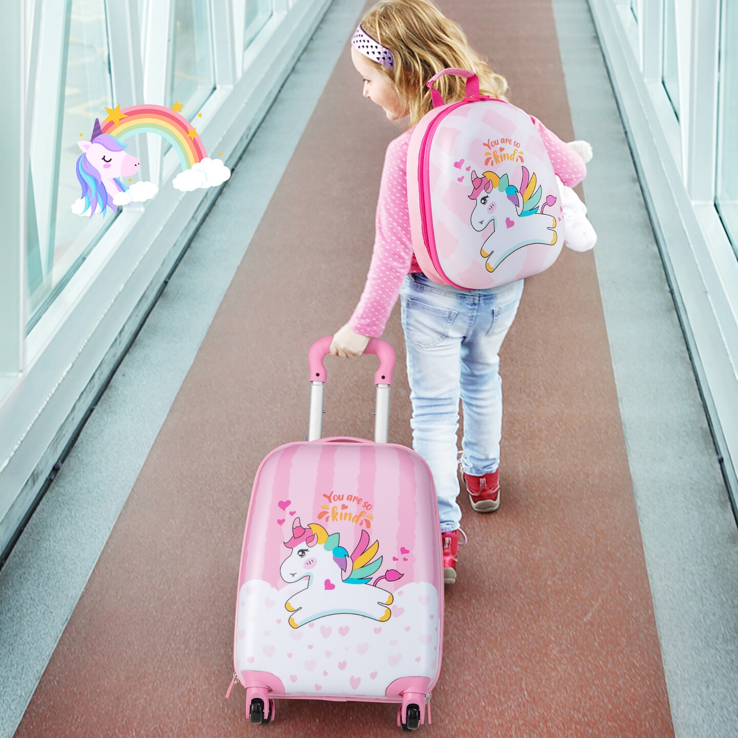 Costway 2PC Kids Carry On Luggage Set 12&#x27;&#x27; Backpack and 16&#x27;&#x27; Rolling Suitcase for Travel