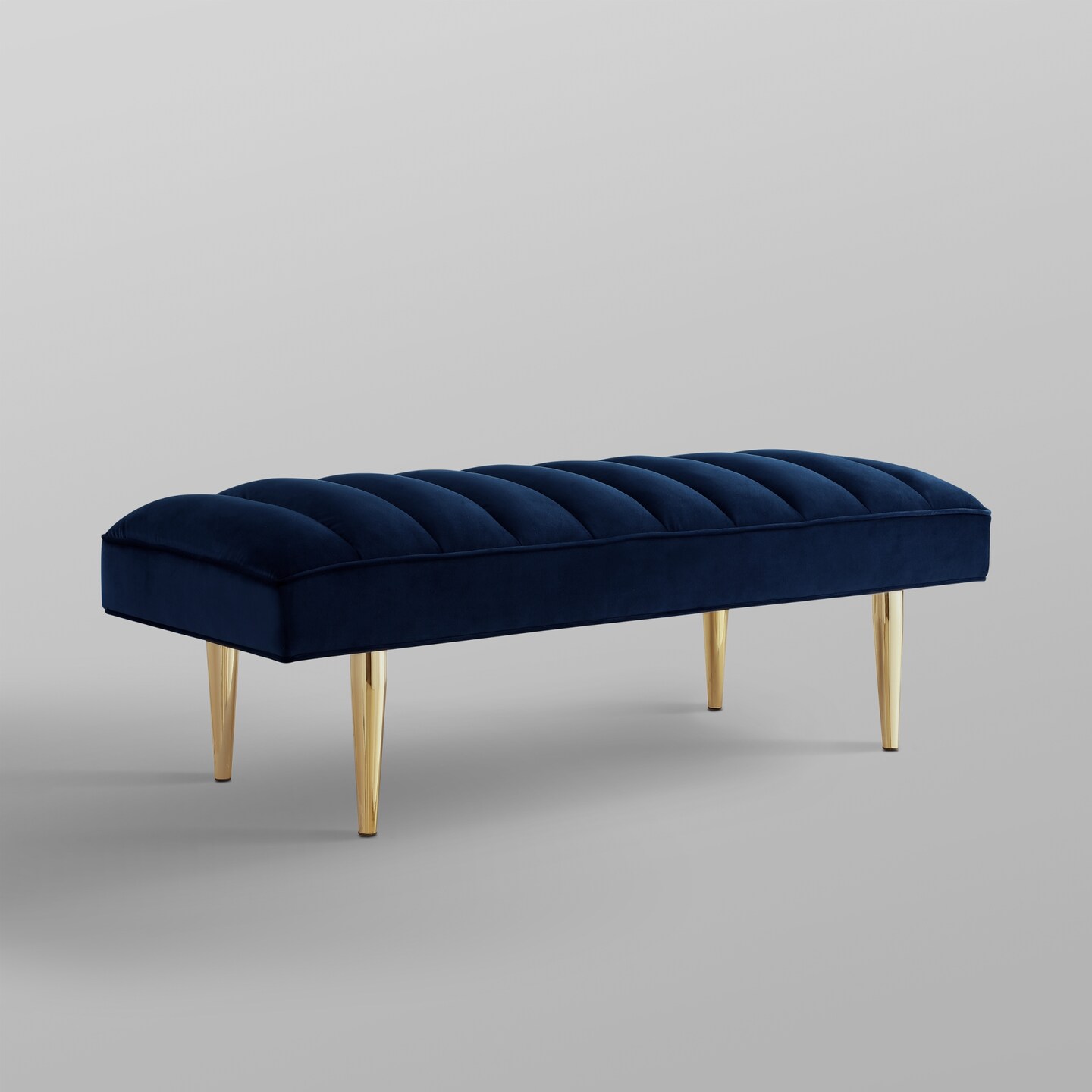 Denver Velvet Channel Tufted Bench with Mirrorred Lacquer Finish With Gold/Chrome Legs
