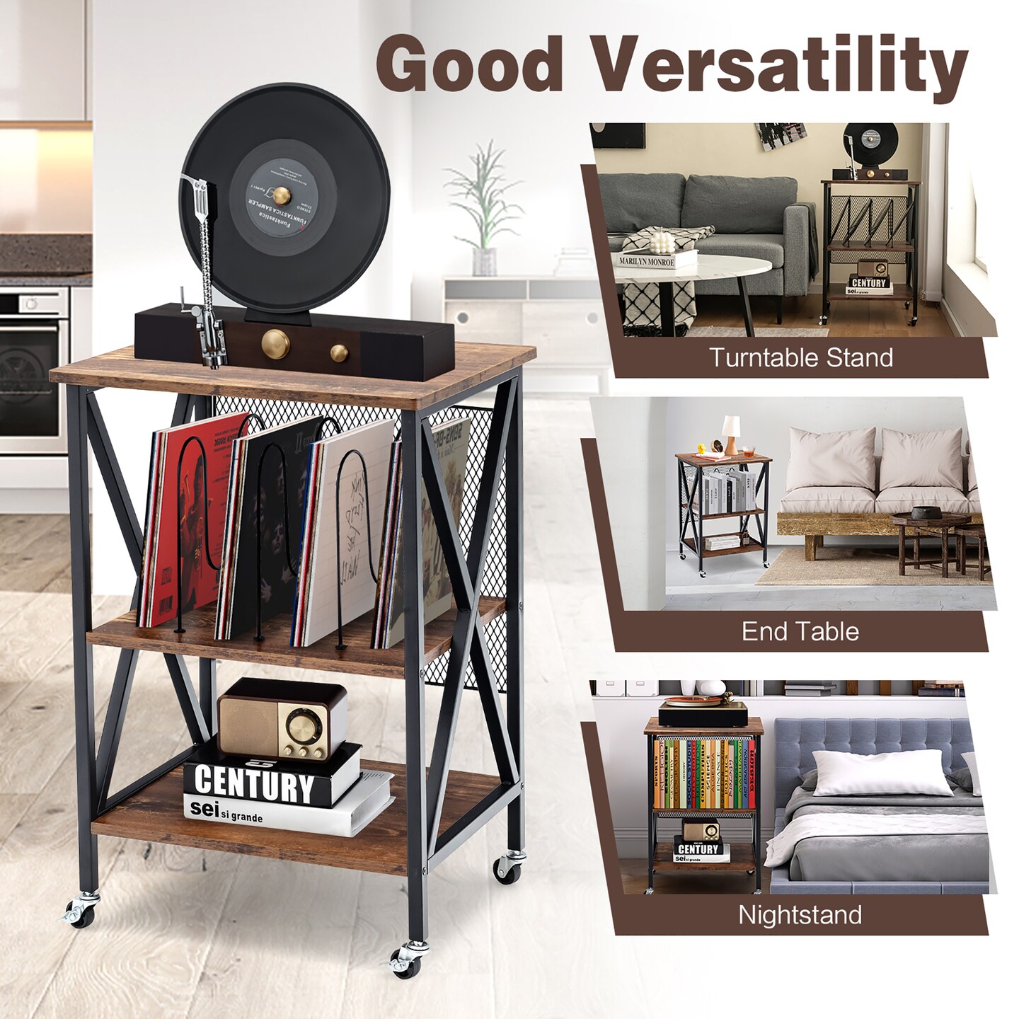 Costway 3-tier Rolling Turntable Stand Vinyl Record Storage Shelf with 3 Dividers &#x26; Wheels