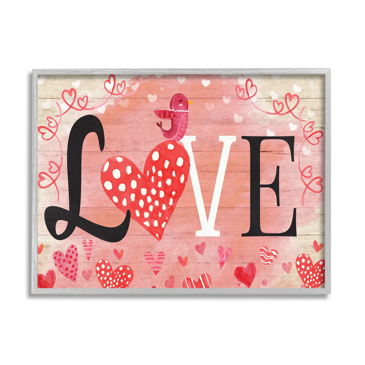 Stupell Industries Romantic Love Patterned Hearts Bird Black Framed Giclee Art