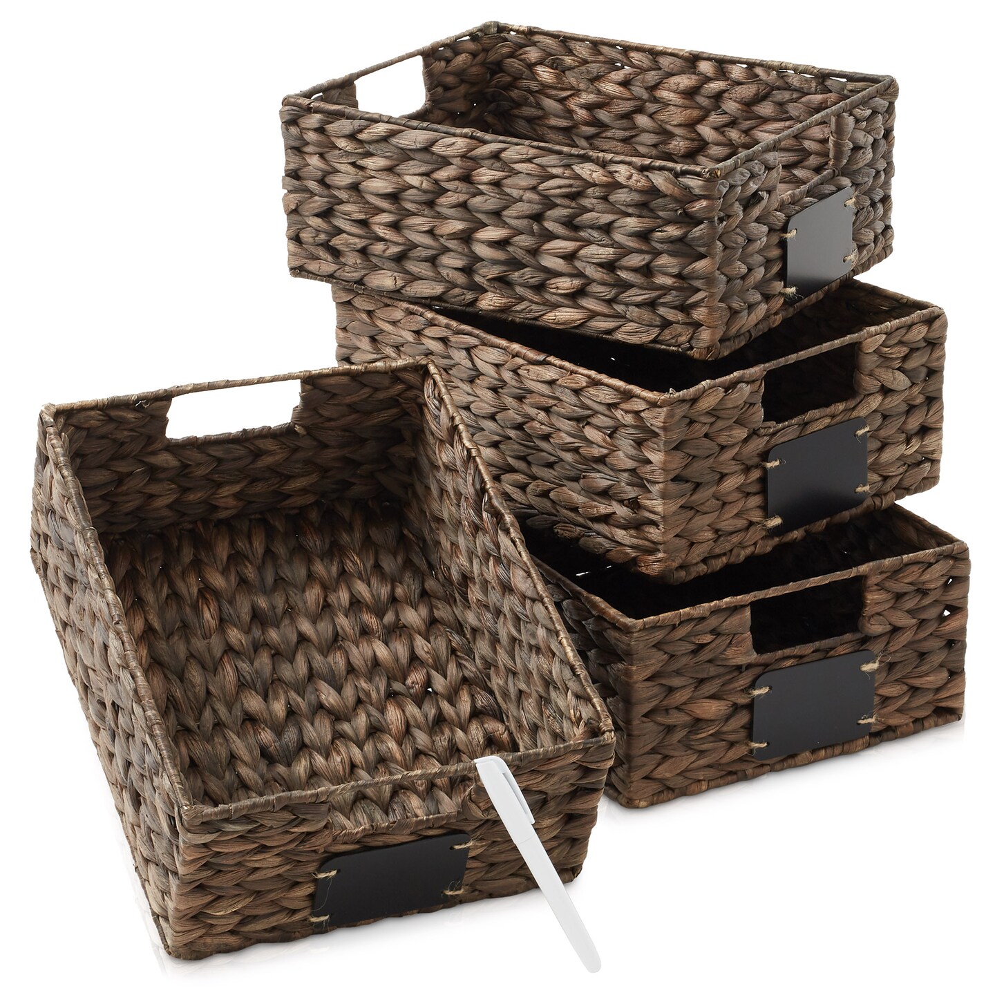 Casafield Water Hyacinth Pantry Baskets with Chalkboard Labels and Chalk Marker, Woven Storage Bin Organizers for Kitchen Shelves