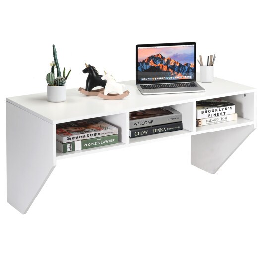 Wall Mounted Floating Sturdy Computer Table with Storage Shelf and Three Compartments Below Desk
