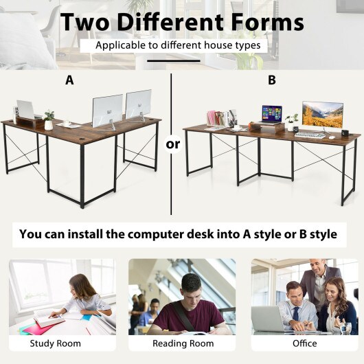 2-Person L-Shaped Long Reversible Computer Desk with Monitor Stand and Steel Frame