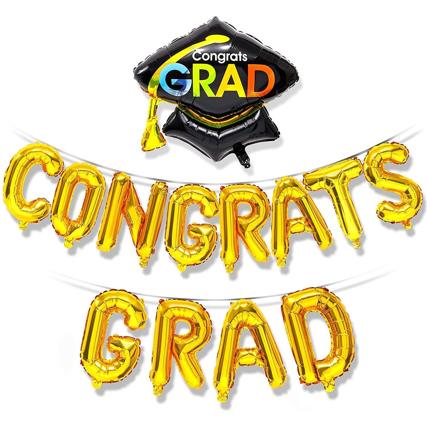Congrats Grad Balloon Banner - Shiny Gold Balloons for Graduation Party Decorations, Class of 2024, 16 Inch