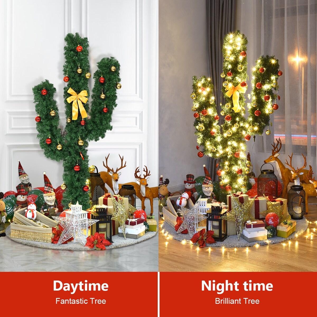 Costway 5Ft Pre-Lit Cactus Christmas Tree LED Lights Ball Ornaments