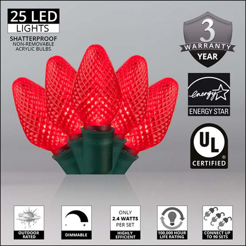 25 Red C7 LED Christmas Lights, Green Wire, 8&#x22; Spacing